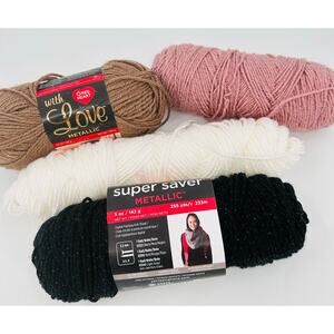 4 Metallic Yarn Bundle Destash Lot Medium Weight Black White Mauve Taupe Brown